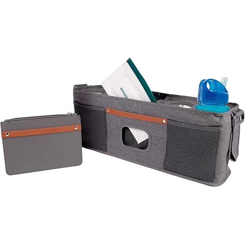 WONDERFOLD Universal Parent Console Stroller Organizer with Insulated Cup Holders, Hook & Loop Closure Handle Attachment, 2 Storage Pockets, Removable Shoulder Strap for Easy Transport