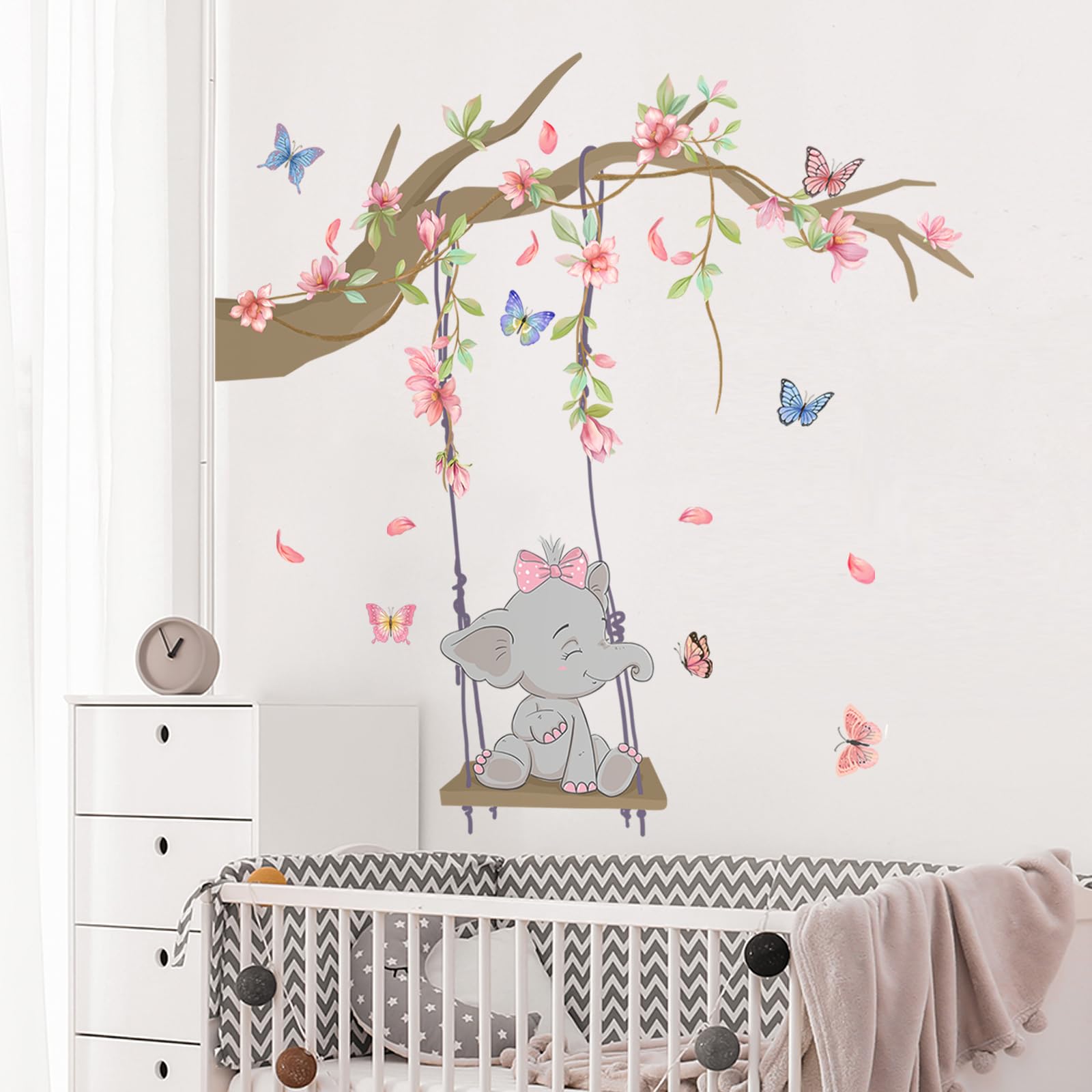 Tanlaby Rosa Columpio Elefante Vinilo Pared, Rama Flores Rosas Mariposas Pegatinas de Pared Caricatura Autoadhesivo Removible Vinilos Decorativos para Dormitorio de Niña Guardería Decoracion Pared