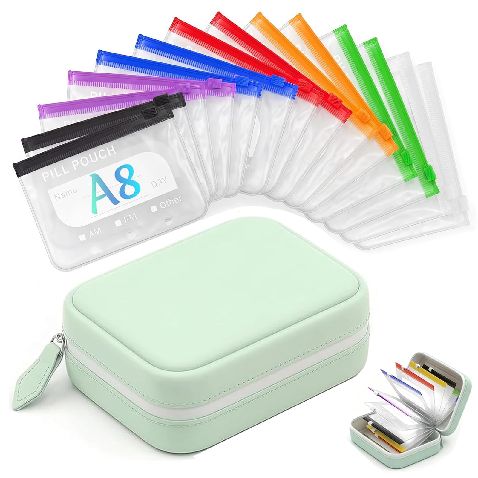 Photo 1 of 2026 Upgraded A8 Waterproof Pill Pouch Set, 14 Color-Coded Zippered Pouches, 2-Week Travel Medicine Organizer for Vitamins, Supplements, Prescriptions, Jewelry & Small Essentials