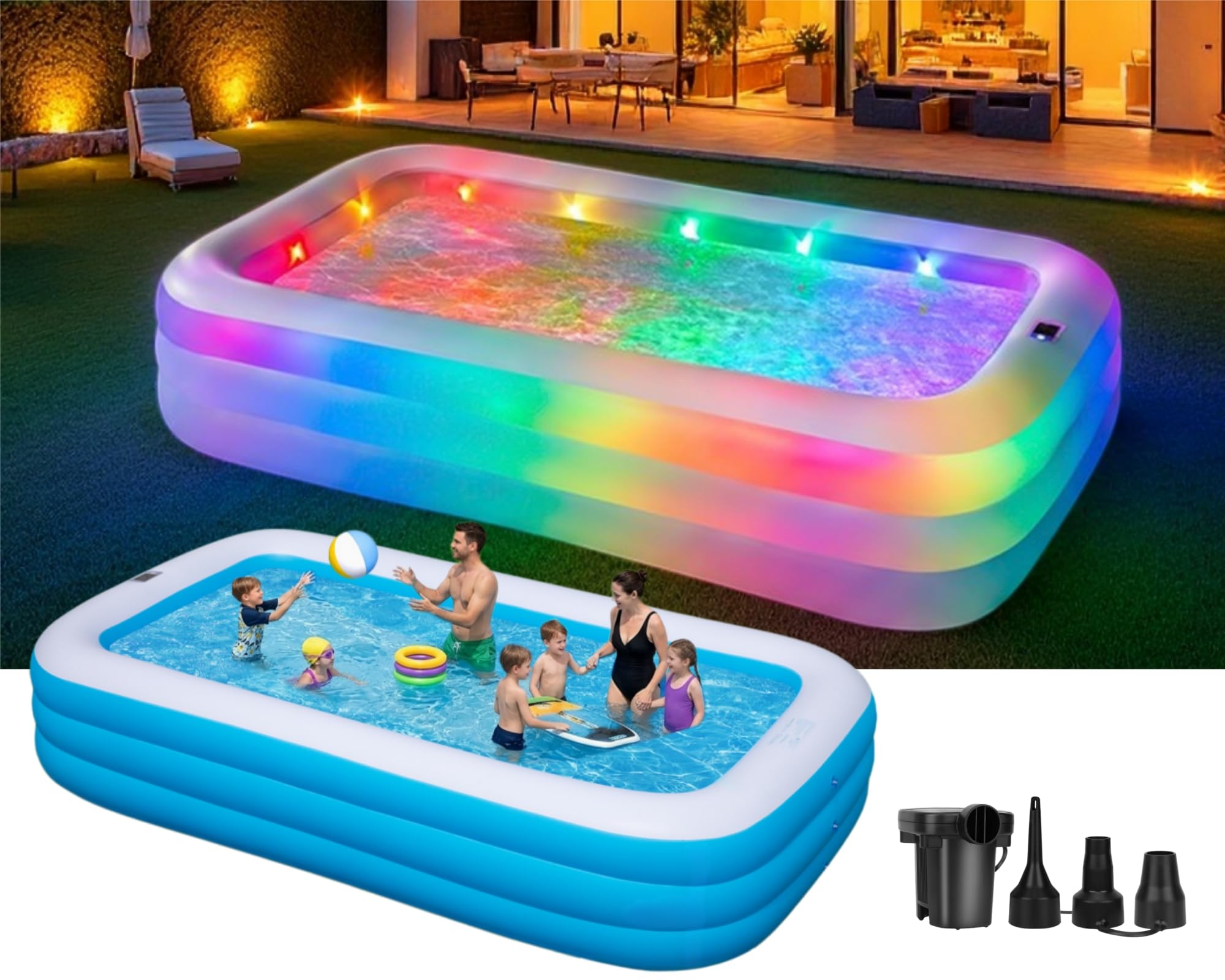 Photo 1 of Inflatable Pool for Adults and Kids, 130"x72"x22" Full Size Inflatable Pools with Lights, Large Blow Up Pool for Family, Thickened Inflatable Swimming Pool for Outdoor Backyard