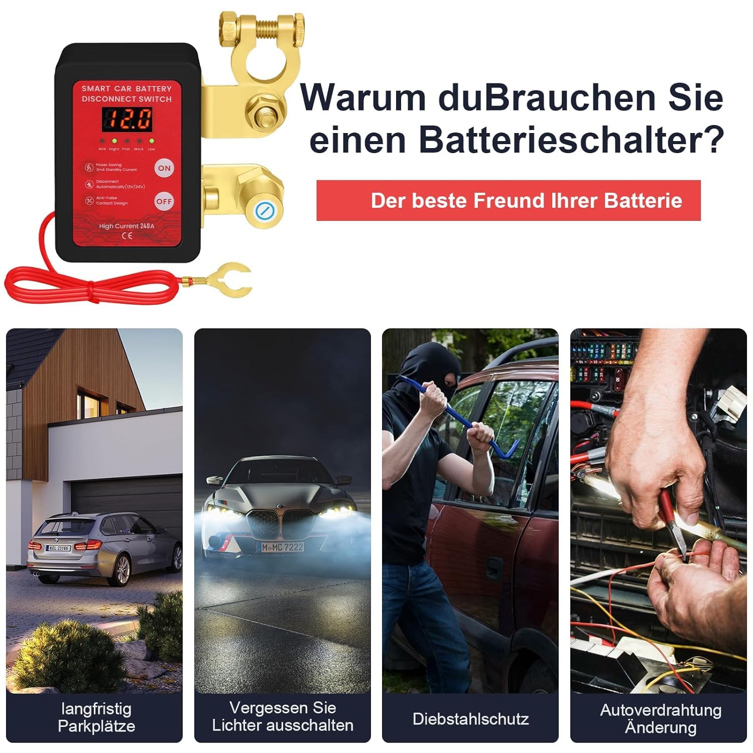 12V Batterie Trennschalter mit Drahtloser Ferngesteuerter,Batterietrennschalter mit Abschaltung,240A Batterie Kill Switch Anti-Diebstahl, für Auto, RV, ATV, LKW, Boot (Mit LED Anzeige)