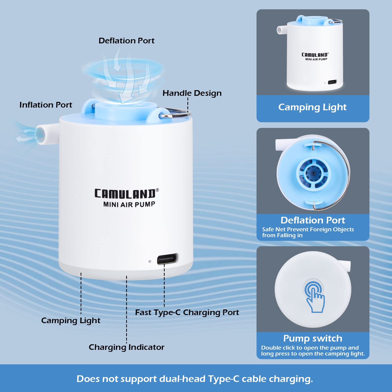 CAMULAND Mini Air Pump, Sleeping Pad Pump Portable Air Pump for Inflatable with 1300mAh Battery USB Rechargeable Camping Light 5 Nozzles for Air Mattress, Pool Floats,Vacuum Storage Bag Product Image 2