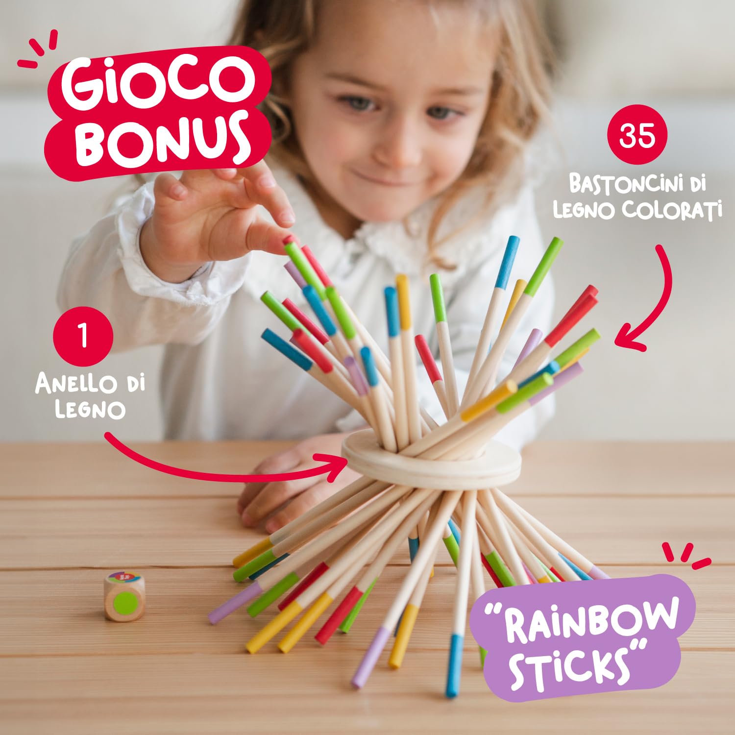Nene Toys BALLFALL Grande – Giochi Montessori in Legno per Bambini 3 4 5 6 Anni – Gioco da Tavolo Educativo con Bastoncini, Dadi & Carte – Giocattolo Motricità Fine – Regalo Bambina Bambino 3-9 Anni
