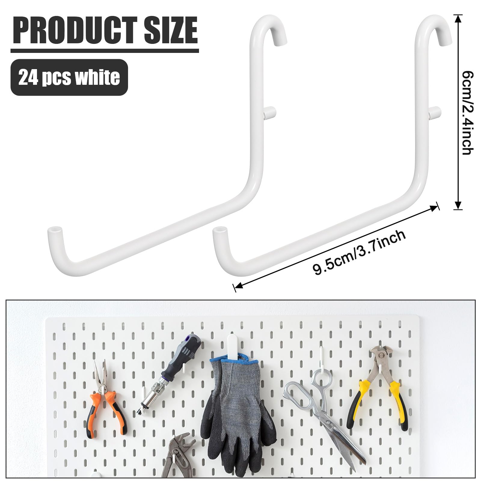 HOFURME 24 Pcs 3.7 x 2.4 Inches Pegboard Hooks, Compatible with Skadis Peg Board, Long L Shape Peg Board Hooks for Hanging, Pegboard Accessories, for Home Office Storage Tool(White)