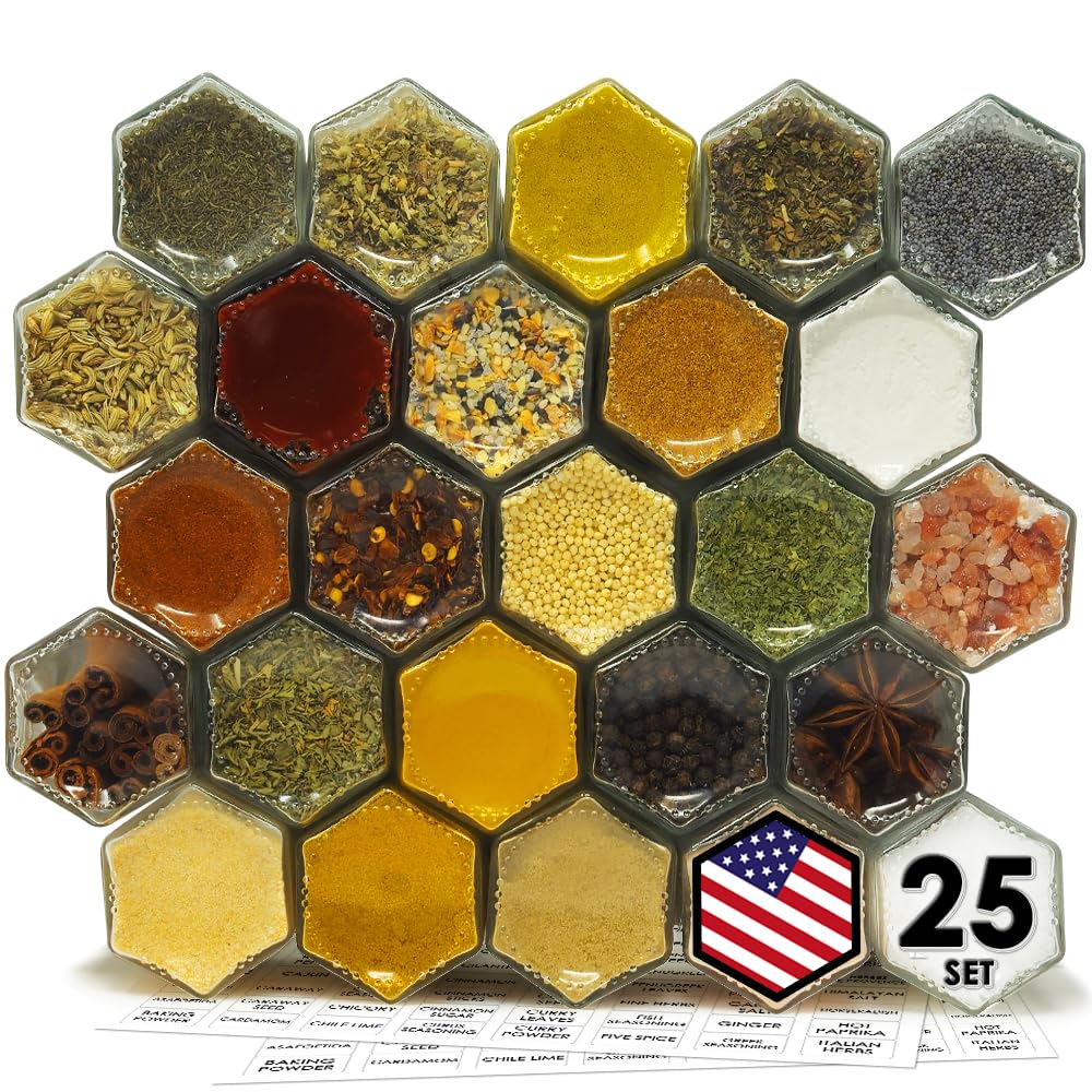 PATRIOT Set of 25 Hexagon Glass Spice Jars with Shaker Lids and Labels for Refrigerator, Kitchen, RV Travel Trailer Magnetic Containers