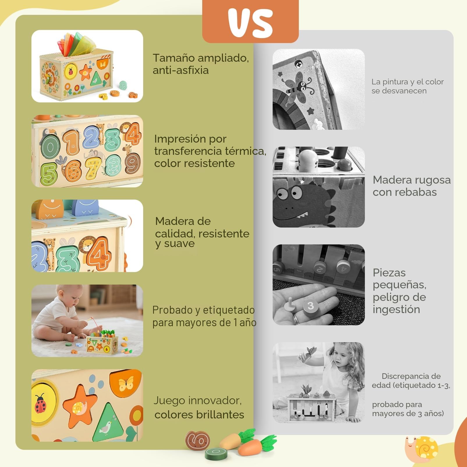 Juguetes Montessori 1 Años, 6 in 1 Montessori Madera Juguete de Caja de Pañuelos para Bebés con Juego de Pesca, Juguete Educativo para Niños de 1 2 3 Años Actividades de Motricidad Fina | Regalo Ideal