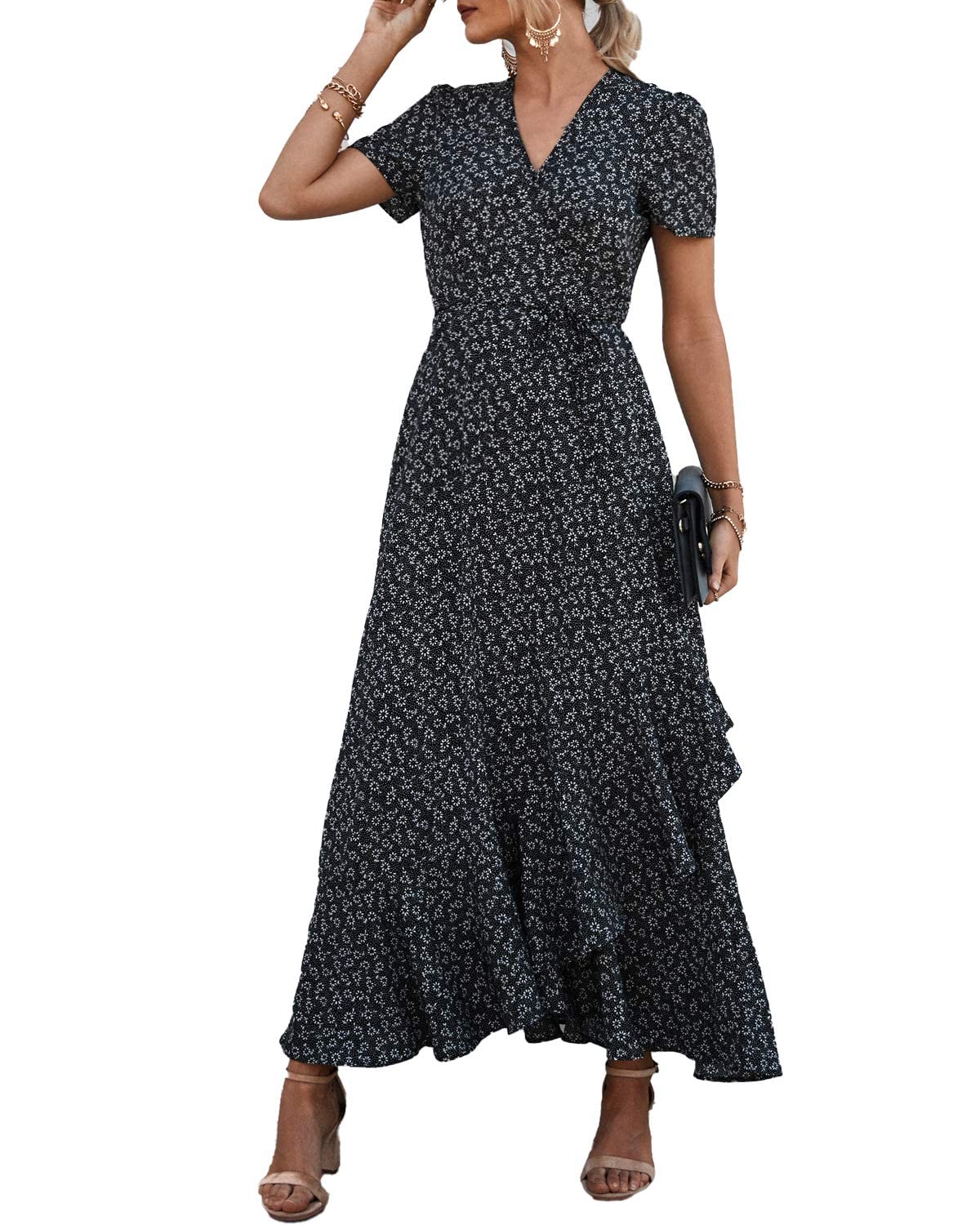 PRETTYGARDEN Women's Summer Wrap Maxi Dress Casual Boho Floral V Neck Short Sleeve Ruffle Hem Split Beach Long Dresses(Black,XX-Large)