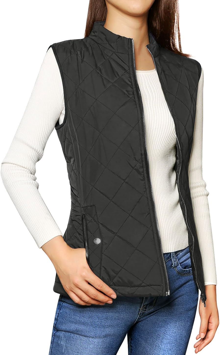 Allegra K Women's Stand Collar Lightweight Gilet Quilted Zip Vest at  Women's Coats Shop