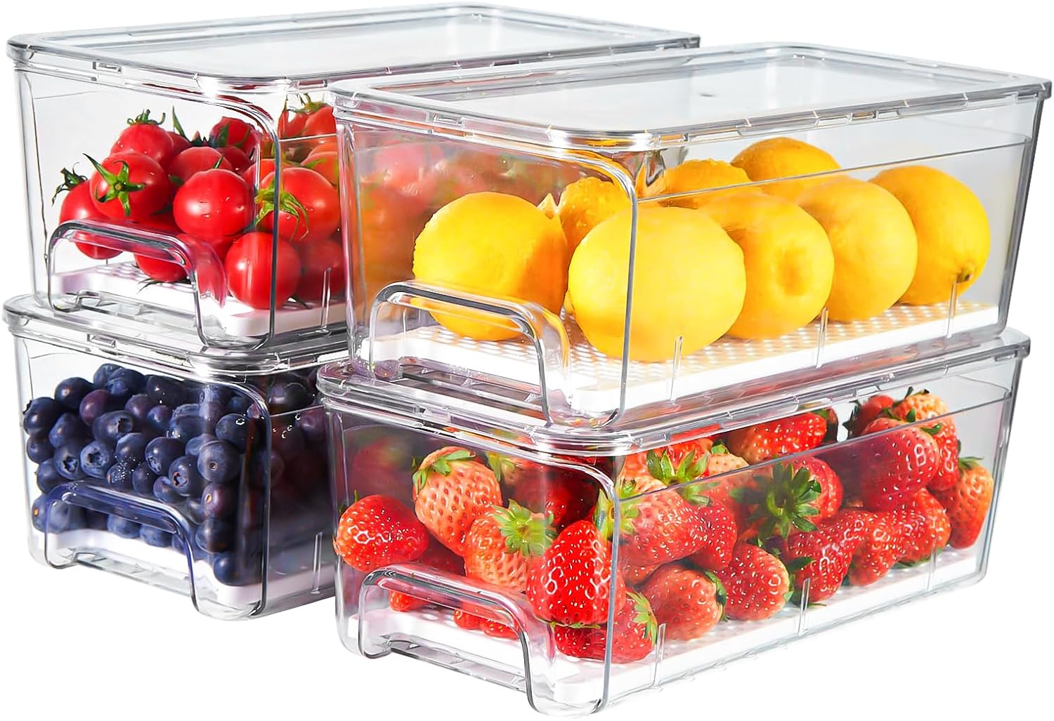 4 pack clear stackable refrigerator drawer organizers with strainer