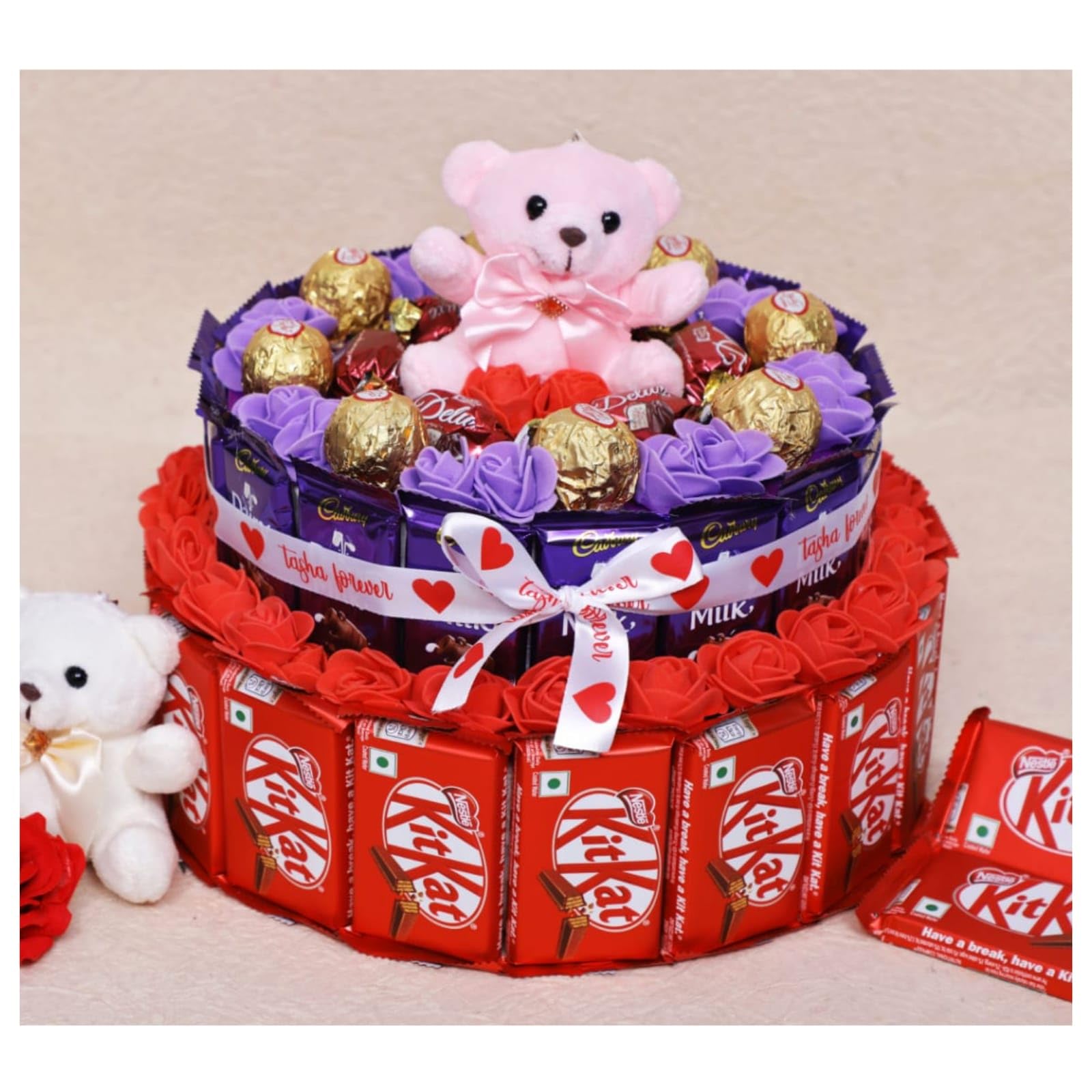 Tasha Forever kitkat gift hamper for birthday anniversary | 46 Chocolates, 1 teddy, 1 love card |