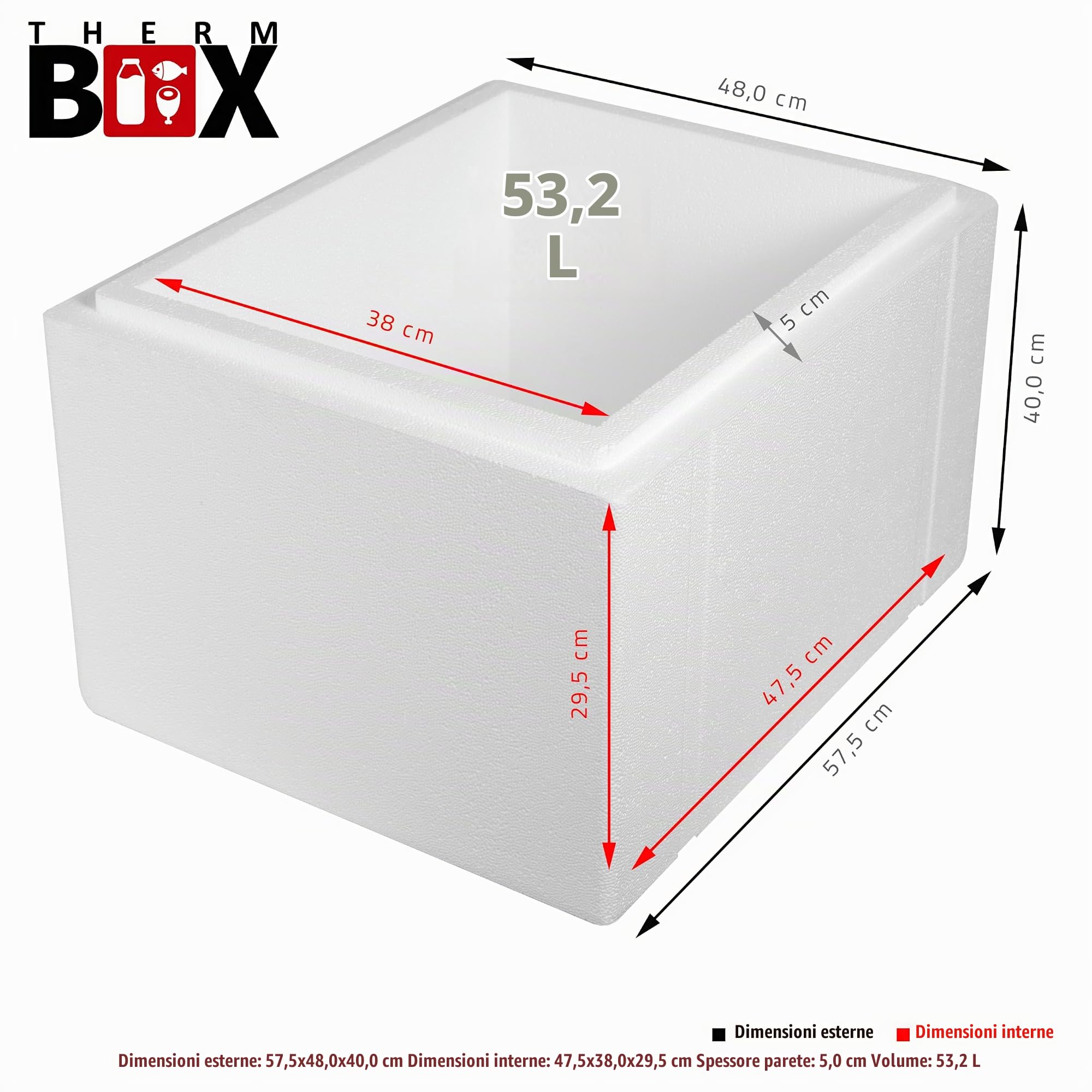 THERM-BOX contenitore in polistirolo 53W Interno: 47x38x29cm Parete: 5cm Volume: 53,24L Contenitore isotermico Box frigo Scatola termica Riutilizzabile