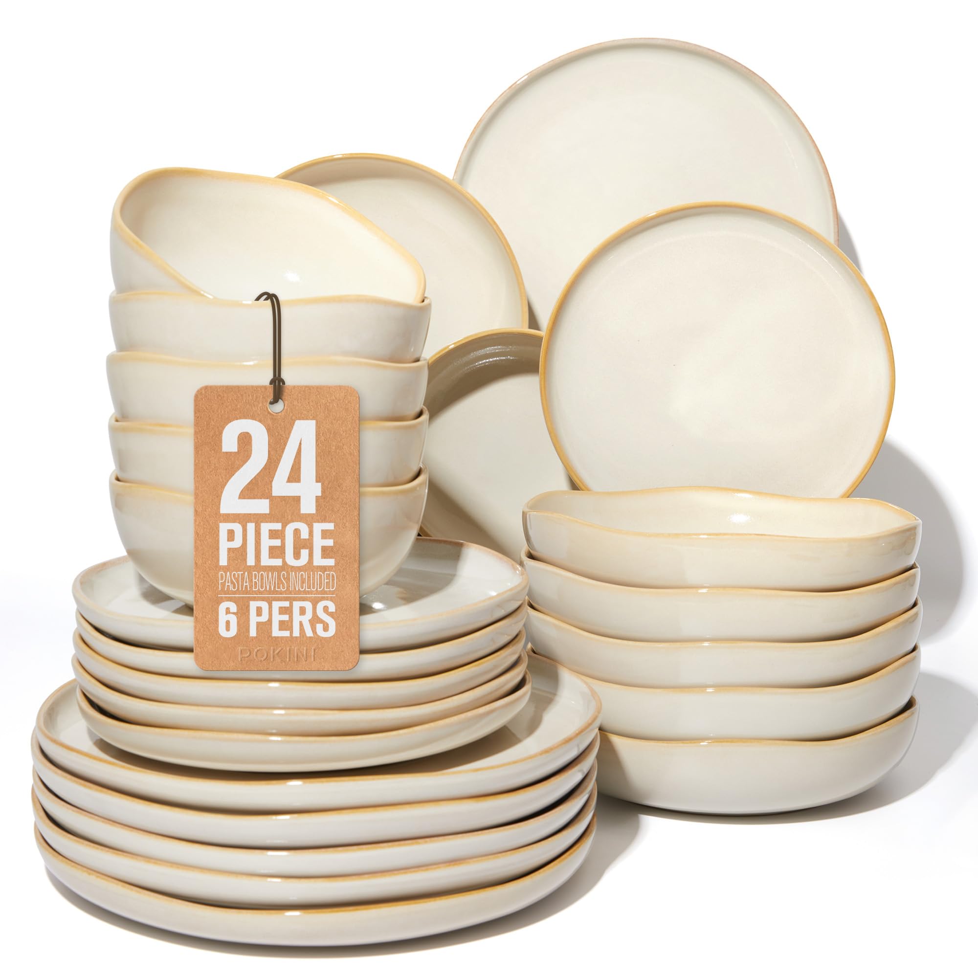 Pokini Stoneware Dinnerware Sets for 6, 24Pcs Ceramic Plates and Bowls Sets