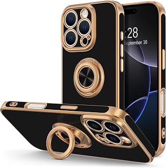 Hython for iPhone 16 Pro Max Case with Ring Stand, 360 Rotatable Ring Holder Magnetic Kickstand, Plating Rose Gold Edge Soft Cover Protective Phone Case for iPhone 16 Pro Max 6.9", Black