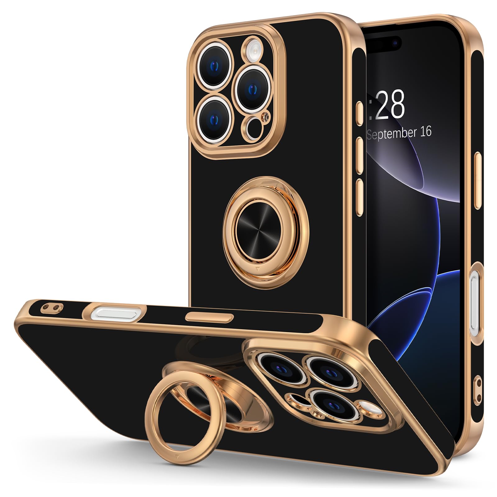 Hython for iPhone 16 Pro Max Case with Ring Stand, 360° Rotatable Ring Holder Magnetic Kickstand, Plating Rose Gold Edge Soft Cover Protective Phone Case for iPhone 16 Pro Max 6.9", Black