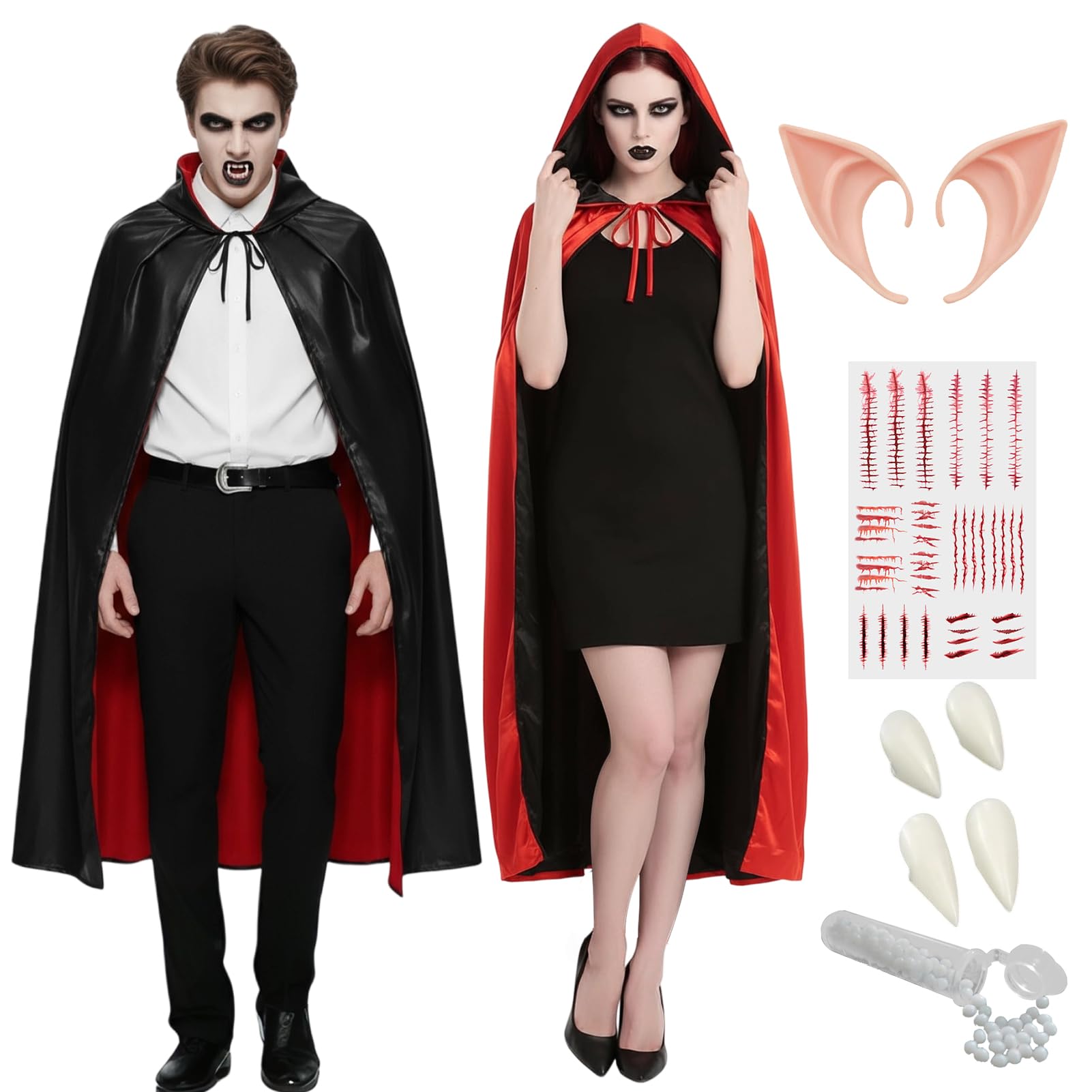 Peleryny wampirów na Halloween, dla dorosłych, płaszcz wampira, dla kobiet, mężczyzn, unisex, odwracalna bluza z kapturem z wampirami, sztuczne zęby, kostiumy czarownicy na Halloween, fantazyjny