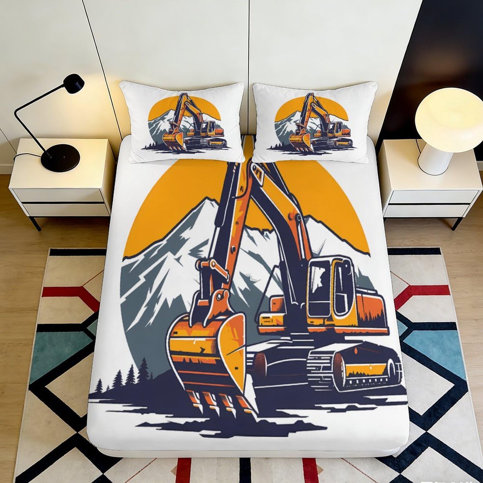 3D Printed Excavator Fitted Sheet Microfiber Durable Soft Orange Construction Mattress Cover for Bedroom Dormitory Guest Room Protection Decoration 180x200x25cm