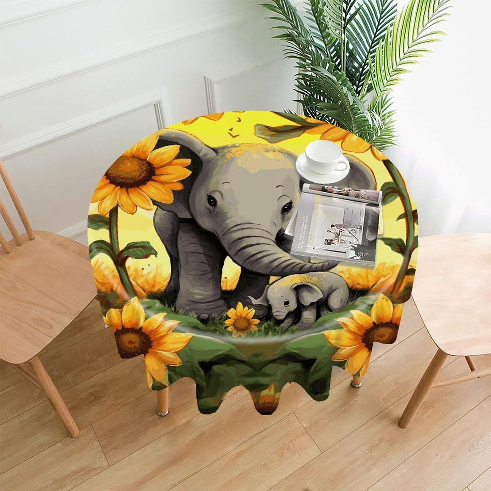 MUSM 60 Inch Mother and Baby Elephant Sunflowers Round Tablecloth Wipeable Washable Table Cover for Kitchen and Dining Room Decorative Table Cloth for Party Holiday Picnic Outdoor