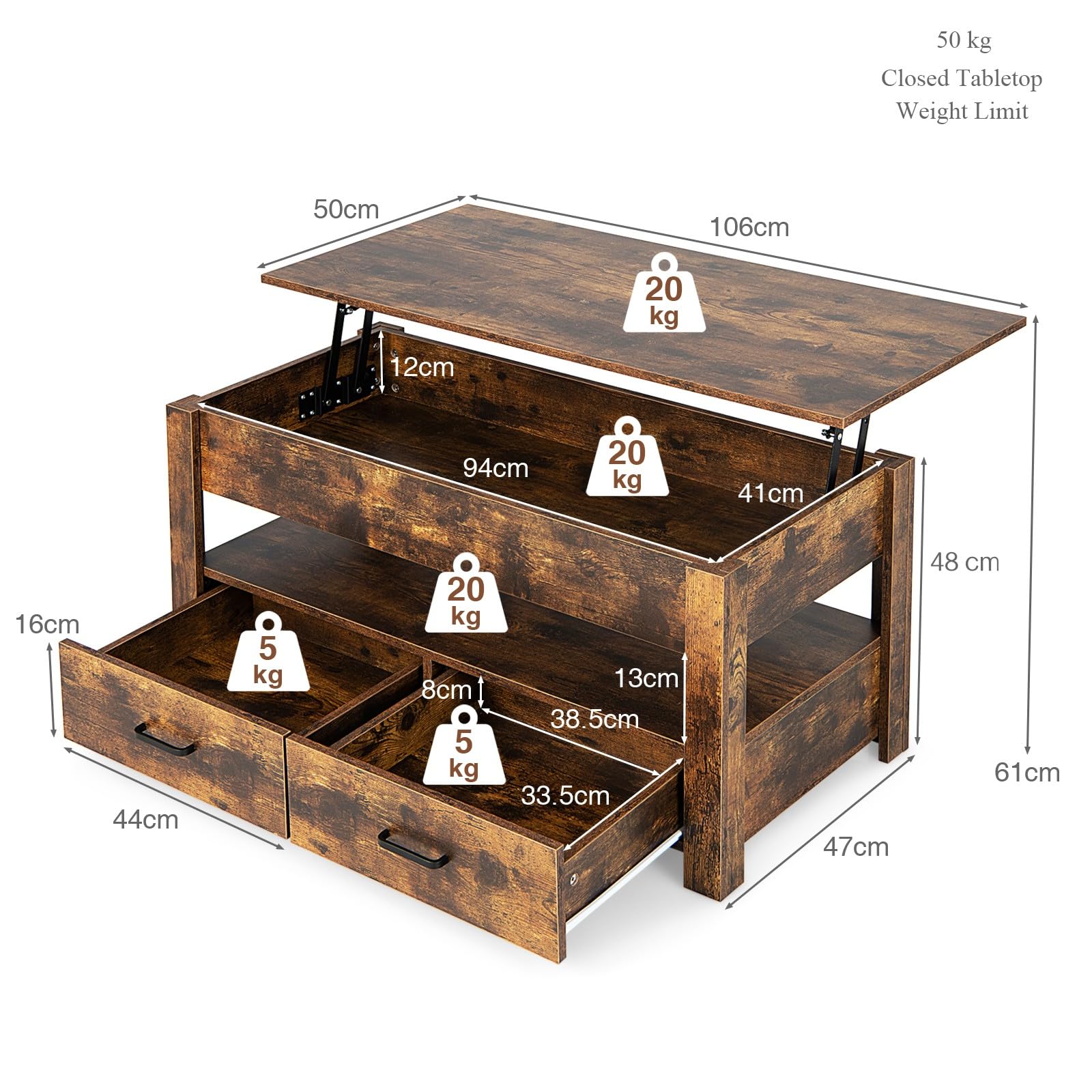 LIFEZEAL Mesa de Centro Elevable de 3 Niveles con Tapa, 2 Cajones y Almacenamiento Abierto, de Madera para Sala de Estar, Marrón