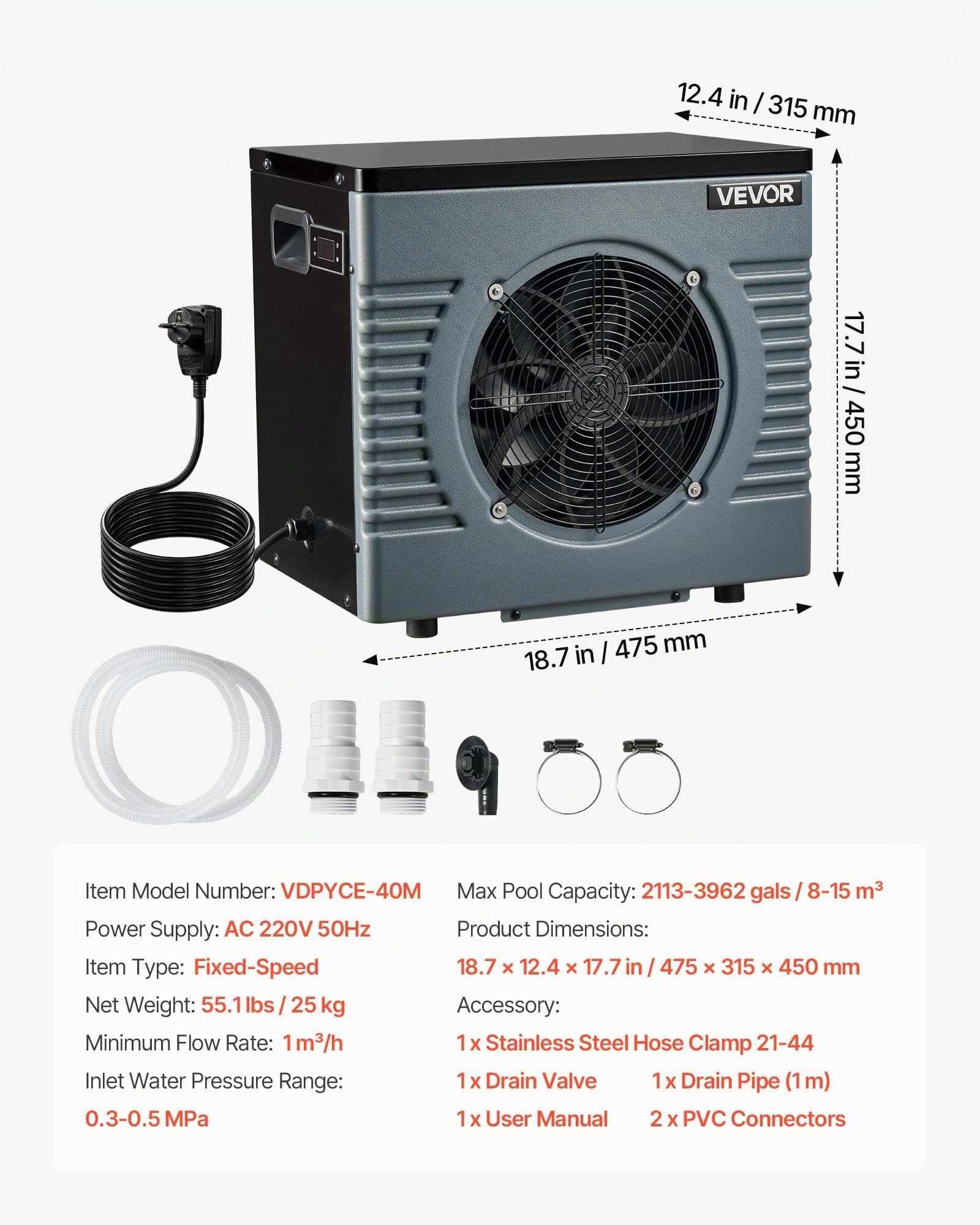 VEVOR Pompe à Chaleur pour Piscine 4,16 kW Chauffage Électrique de Piscine Hors Sol Jusqu'à 15 m³ pour Natation, COP Max. 5,14, Faible Niveau Sonore, Protection GFCI, Température de Chauffe 15 à 40 °C