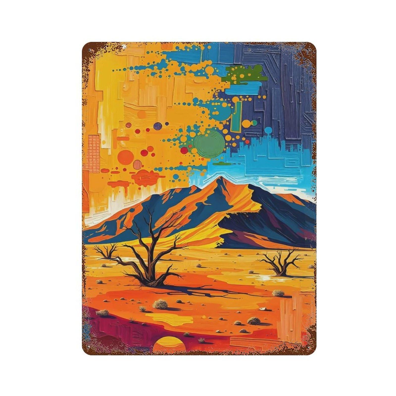 Distressed Metal Wall Sign with Namib Desert Landscape Design 15.7"x11.8", for Farmhouse, Kitchen And Entryway Decor, Old School Wall Decor