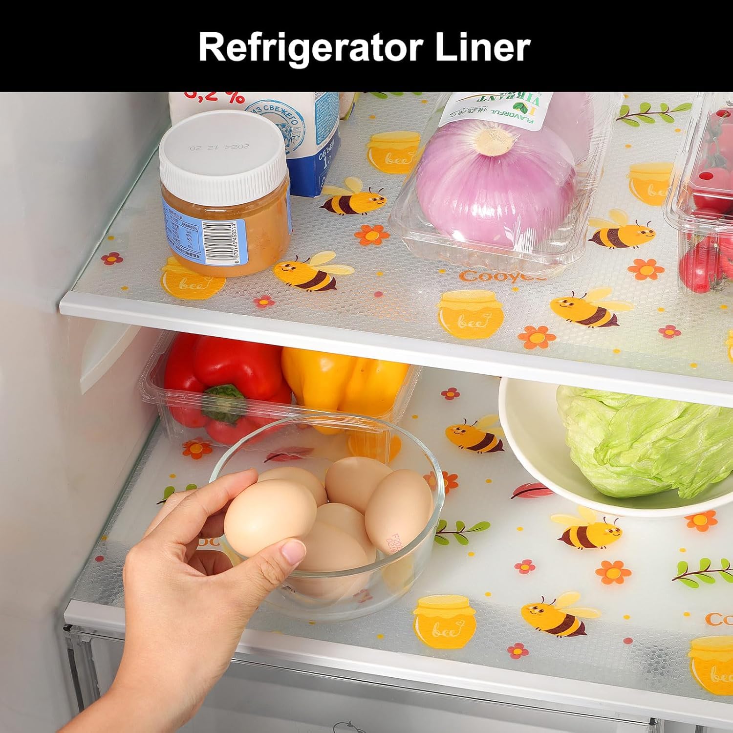 VYATIRANG Multipurpose Transparent Fridge Mat, Waterproof Anti-Skid Shelf Liner Roll, Refrigerator Drawer Cabinet Mat, Washable & Cuttable, Cupboards Mats Sheet, Oil-Proof (45x300CM Honey bee Design) 2