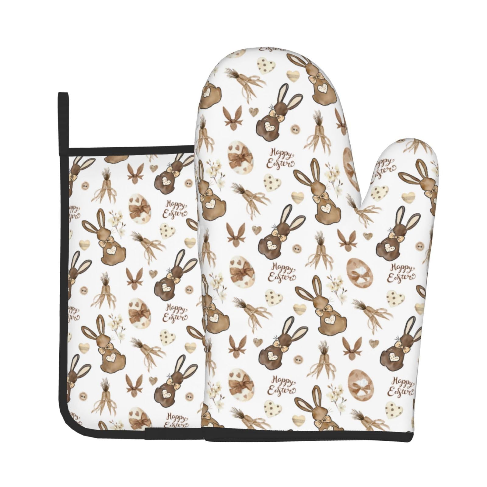 Easter Eggs and Bunny Oven Mitts and Pot Holders Sets Heat Resistant Non Slip Easter Brown Cute Rabbits Kitchen Gloves Hot Pads Potholders 2 Pack Set Spring Decor for Chef Cooking Bakers Kitchen