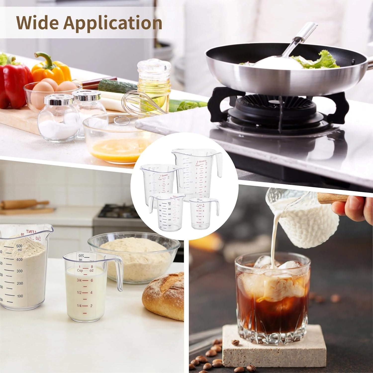 4 Pcs Plastic Measuring Cups Set, PC Cups with Handles, 64 oz (2L) / 32 oz (1L) / 16 oz (500 ml) / 8 oz (250 ml) Stackable Measuring Tool, Clear Long-lasting Liquid Dispenser