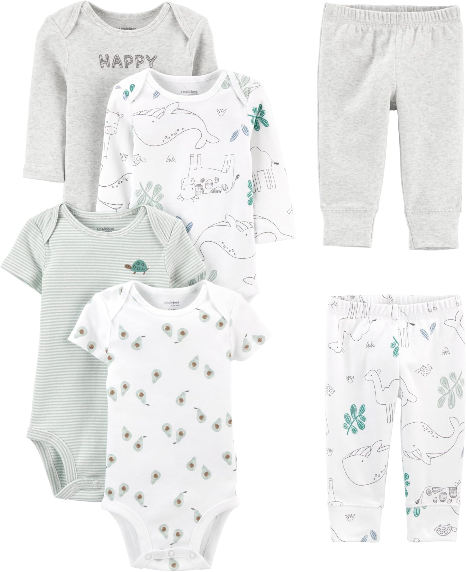 Baby 6-piece Bodysuits (Short and Long Sleeve) and Pants Set
