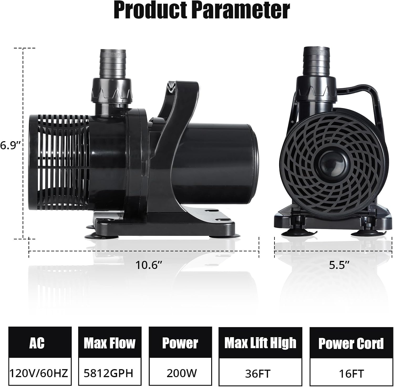 5812GPH Submersible Water Pump, 200W Pond Pump 36 ft Lift Height, Submersible Pump Pond with Power Cord 16 ft, Perfect for Waterfall, Water Fountain, Aquarium, Hydroponic
