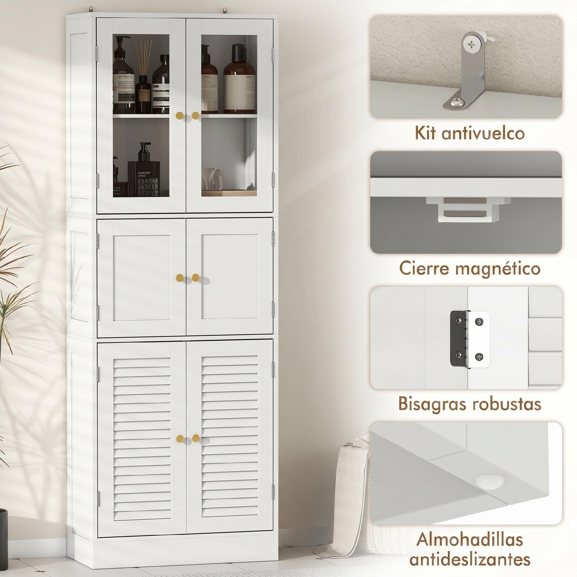 HOMCOM Armario de Baño Alto con Baldas, Puertas Vidrio, 60x30x170cm Blanco | Columna de Baño Estrecha, Puertas de Lamas