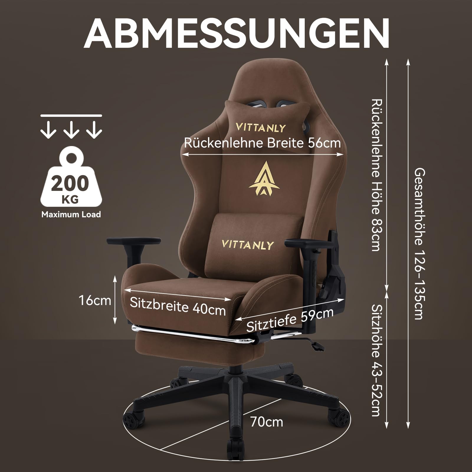 Vittanly Sedia da gaming, lussuosa e traspirante, in finta pelle scamosciata, da ufficio, da gaming, ergonomica, con poggiapiedi e cuscino lombare, braccioli 3D, schienale 90-155°, marrone