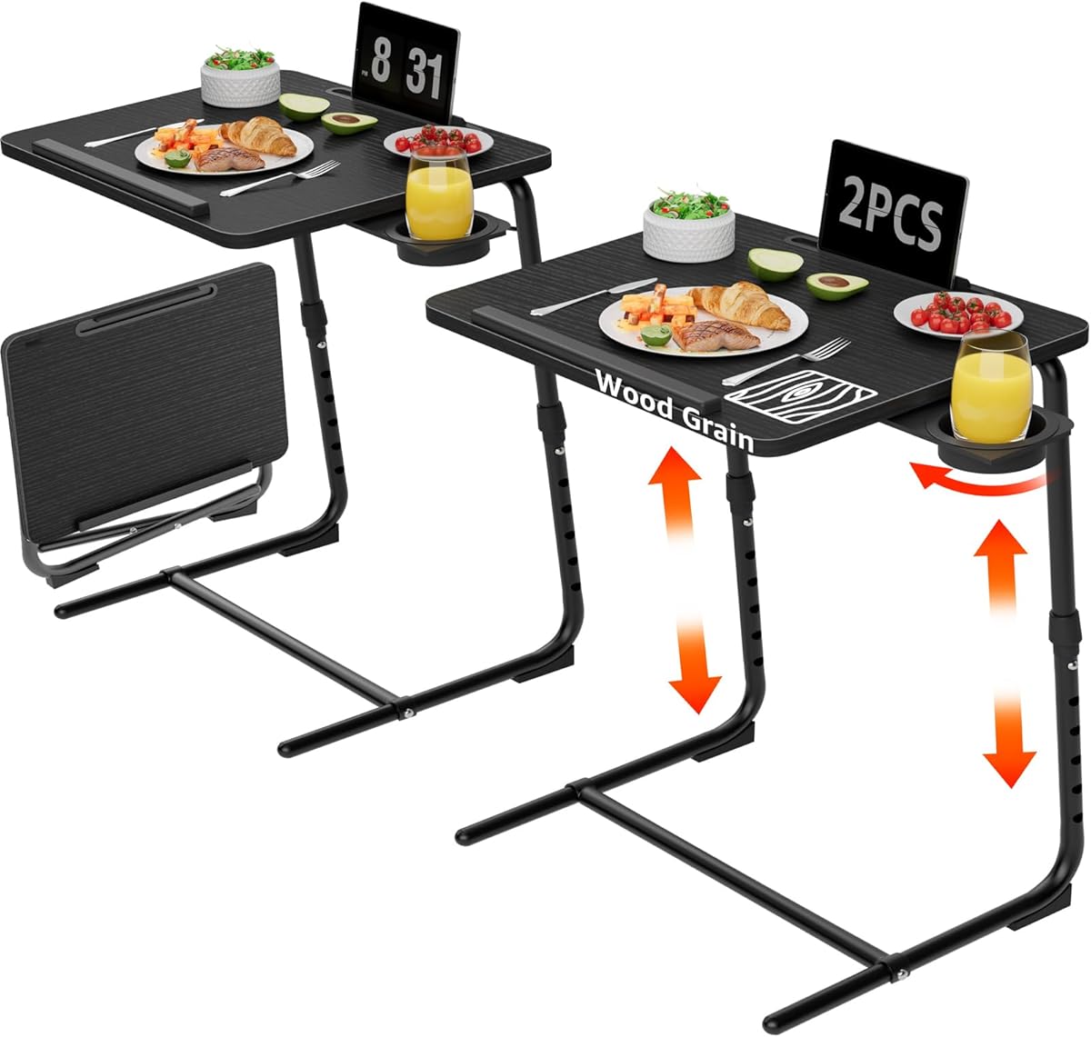 TV Trays Set of 2 - Folding TV Tray Adjustable Dinner Trays for Eating On Couch Wooden Tables Mate Stand Foldable Black Desk with Cup Holder Portable
