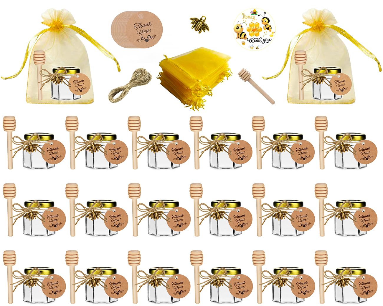 IIKUM 20 Pack Glass Honey Jars, 1.5 oz Hexagon Honey Pots with Lids, Wooden Dippers, Bee Pendants, Gift Bags, Thank You Cards, Jutes and Stickers-Ideal Gift for Baby Shower, Wedding and Party Favors