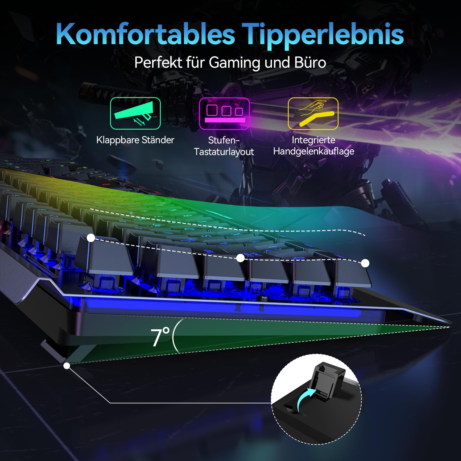 TECKNET Gaming-Tastatur Kabellos, QWERTZ-Tastatur (Deutsches Layout), Membran Tastatur mit 105 Tasten, Vollmetall-Pane, RGB Beleuchtung, Handgelenkauflage, 25 Anti-Ghosting-Tasten für Gamer & Büro