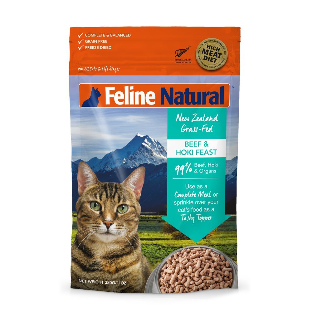 Feline Natural High Protein Dry Cat Food, Freeze-Dried Diet with 98% Meat, Organs & Seafood, No Peas, Grains, or Artificial Additives, Made in New Zealand, Beef & Hoki, 11oz