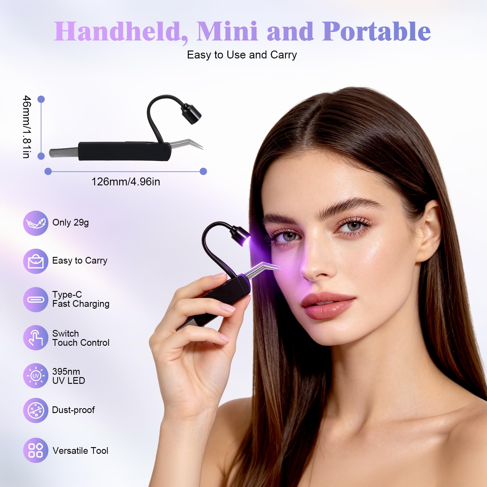 Mini UV Lampe Wimpernverlängerung, 1 W Hand-UV-Lampe mit Pinzette