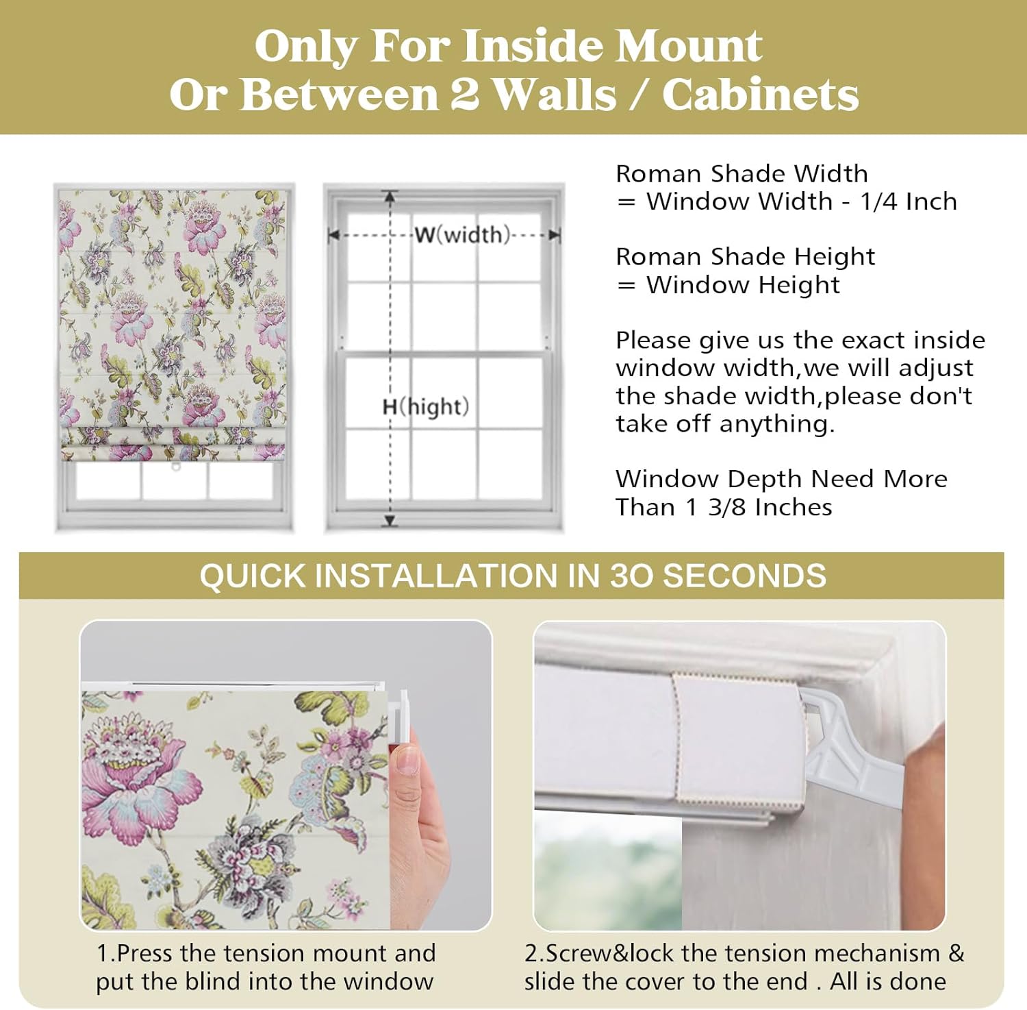 Cordless Filter Light Roman Shades Window Blinds, No Drill No Tools Window Roman Shade for Inside Mount Windows, Peony Flower