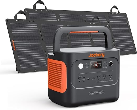 Jackery Solar Generator 1000 Plus with 2x100W Mini Solar Panels, 1264Wh Portable Power Station with Bifacial Solar Panels, 2000W Output Backup Power for Off-grid Living, Outdoor Camping, Power Outages