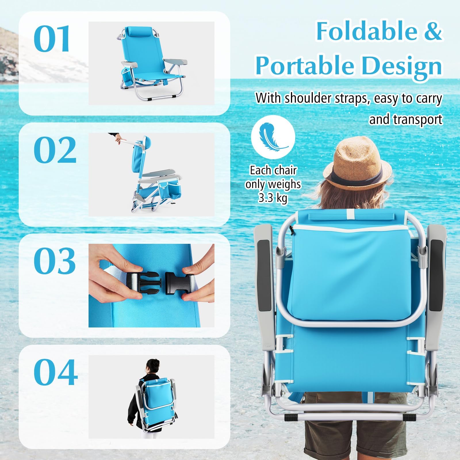 GOPLUS Chaise Plage Pliant pour Adulte, Camping Légère Portable en Alu., Dossier Réglable 5 Positions, Sangles Épaule,Sac Rangement, Porte-Serviettes,à Plat,Max.150KG (2, Bleu, 66 x 65 x 78 cm)
