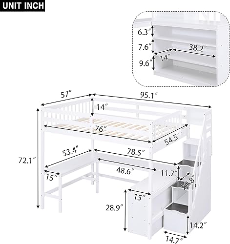 Miniatura 2 de VilroCaz Cama loft multifuncional de tamaño matrimonial con escritorio incorporado en forma de L y estanterías marco de cama loft de madera maciza