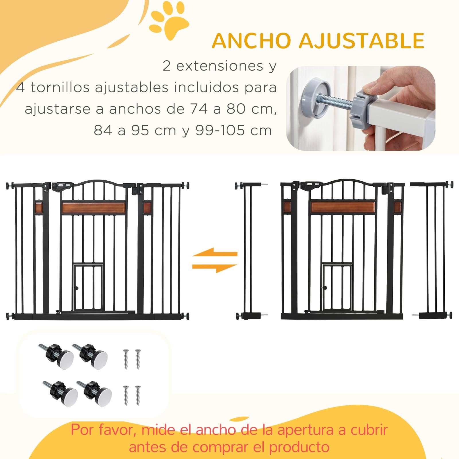 PawHut Barrera de Seguridad Extensible para escaleras 93x76,2 cm Negro | Para Puertas, Cierre Automático, Altura Ajustable, Doble Bloqueo, para Perros Medianos