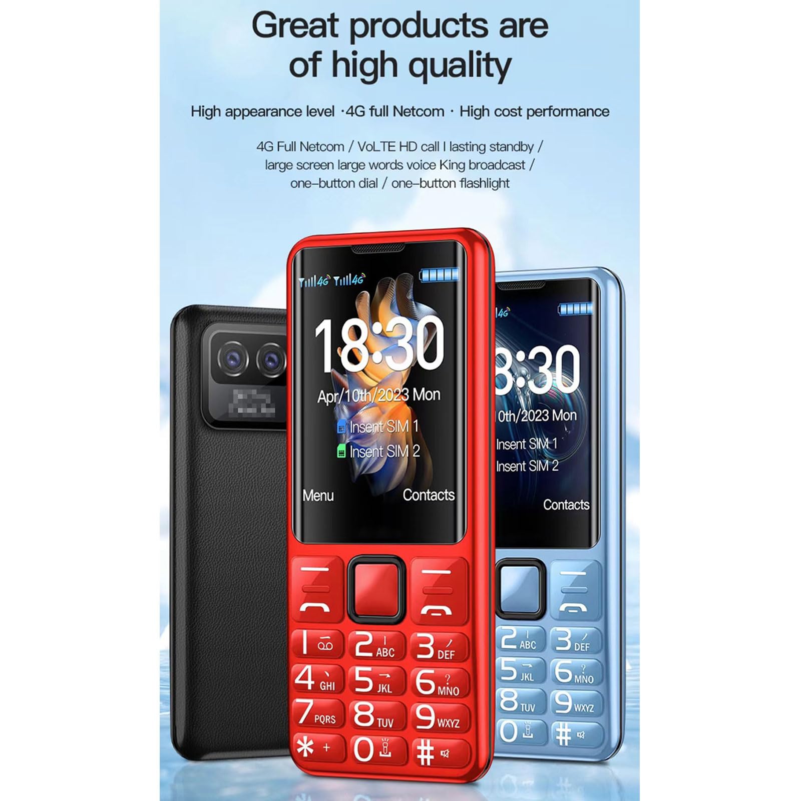 4G Przenośny Telefon Komórkowy Seniorów, Duży Przycisk Telefonu Komórkowego Funkcją SOS+Podstawowe Telefony Komórkowe Dwiema Kartami SIM+2,4-Calowy Wyświetlacz HD,Black