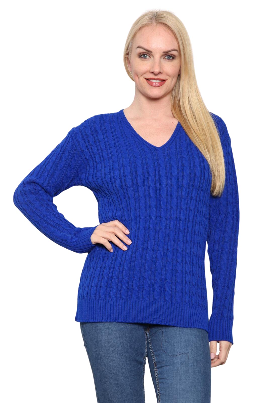 WearAll Women's Plus Cable Knitted Long Sleeve V-Neck Sweater Top Ladies Stretch Jumper - Royal Blue - 16-18
