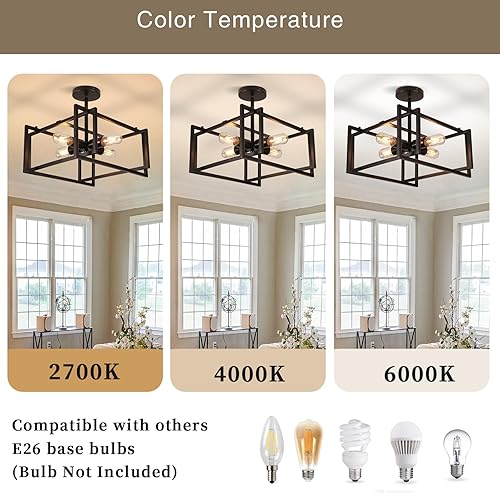 Miniatura 2 de Lámpara de techo semiempotrada de 4 luces, color negro, industrial cerca del techo, lámpara de techo de metal para cocina, isla, comedor,