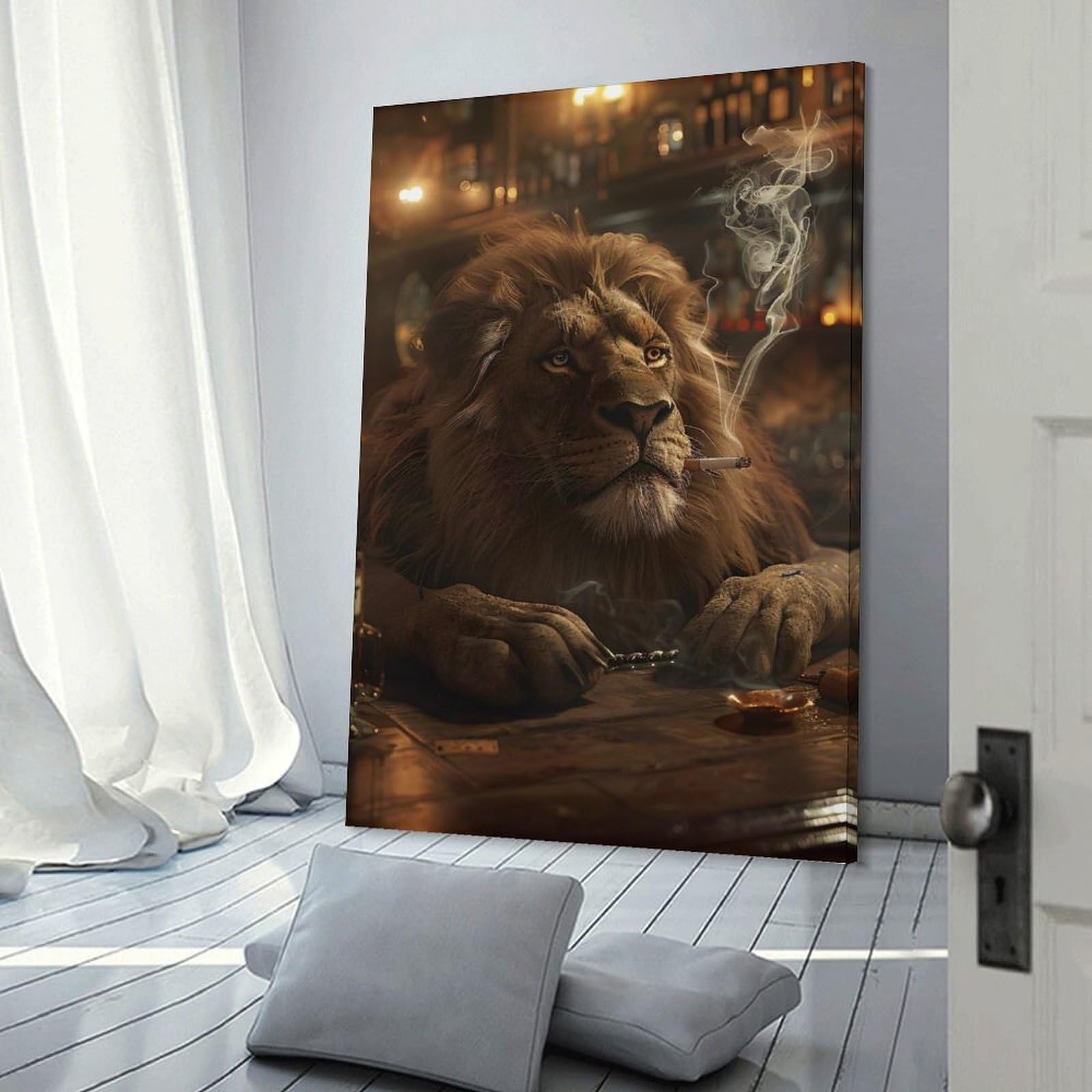 Junmoney Frame-Style Lion Smoking Cigarette At Bar Canvas Art Print 20X30inch(50X75cm), For Gallery Wall Layouts In Home Or Office, Decorative Artwork With Flexible Styling