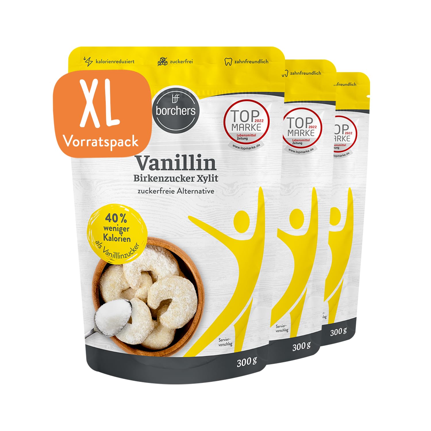 borchers Vanillin Birkenzucker Xylit | 300g Beutel | Zuckerfreie Alternative | Ca. 40% weniger Kalorien | 3x300g Beutel