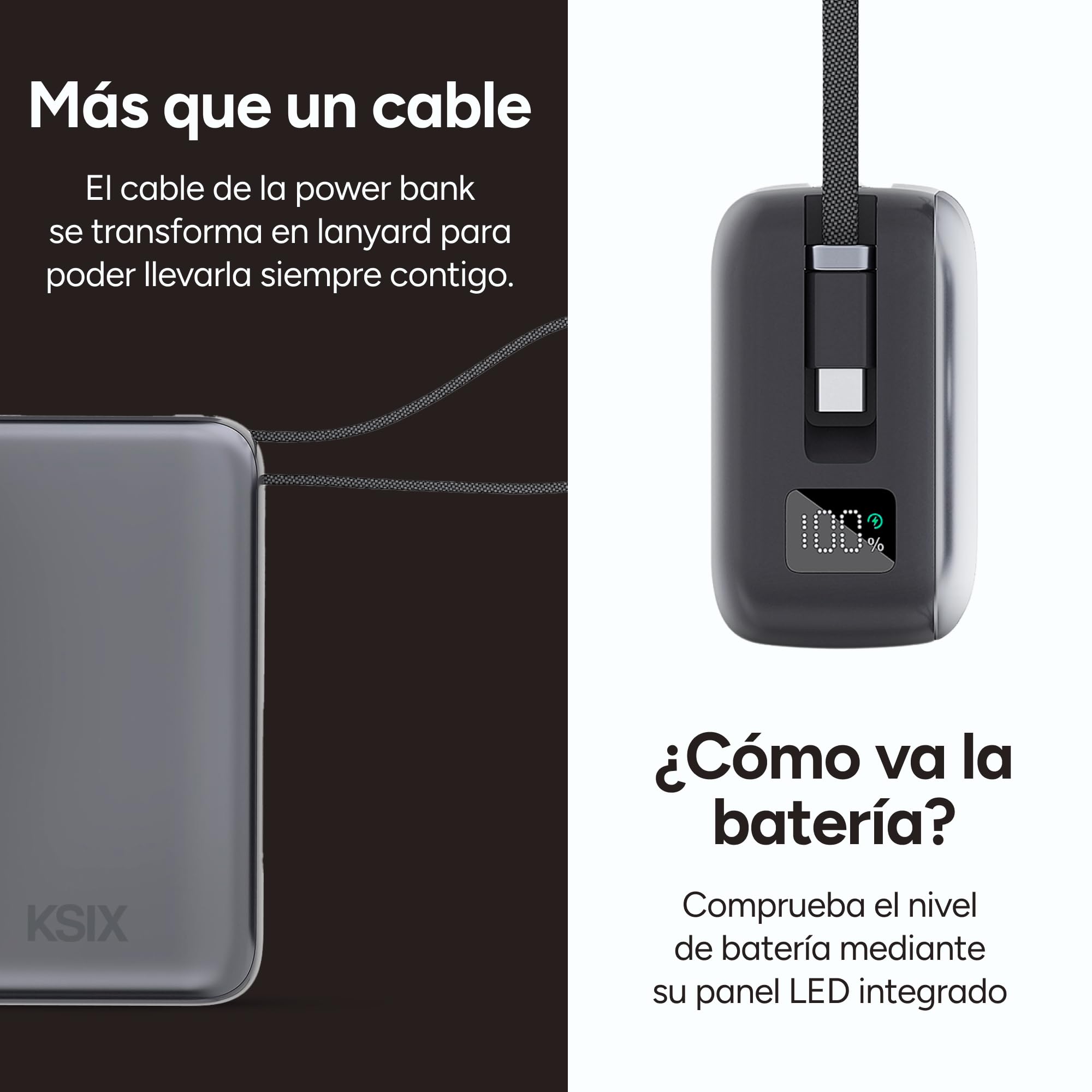 KSIX Powerbank 30000 mAh, Batería Externa Carga ultrarrápida 65W Power Delivery, Carga portátiles, Cable Integrado USB-C, Pantalla LED, Gris