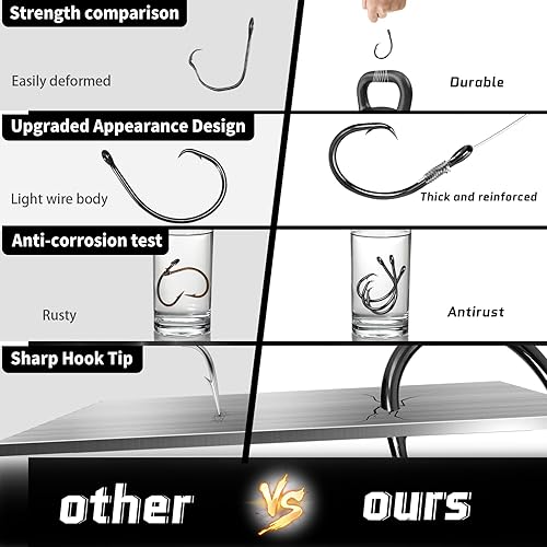 Miniatura 5 de Ganchos circulares para agua salada, ganchos de pesca en línea, 5 veces fuertes para bagre, 25 unidades, negroacero de alto carbono, sin