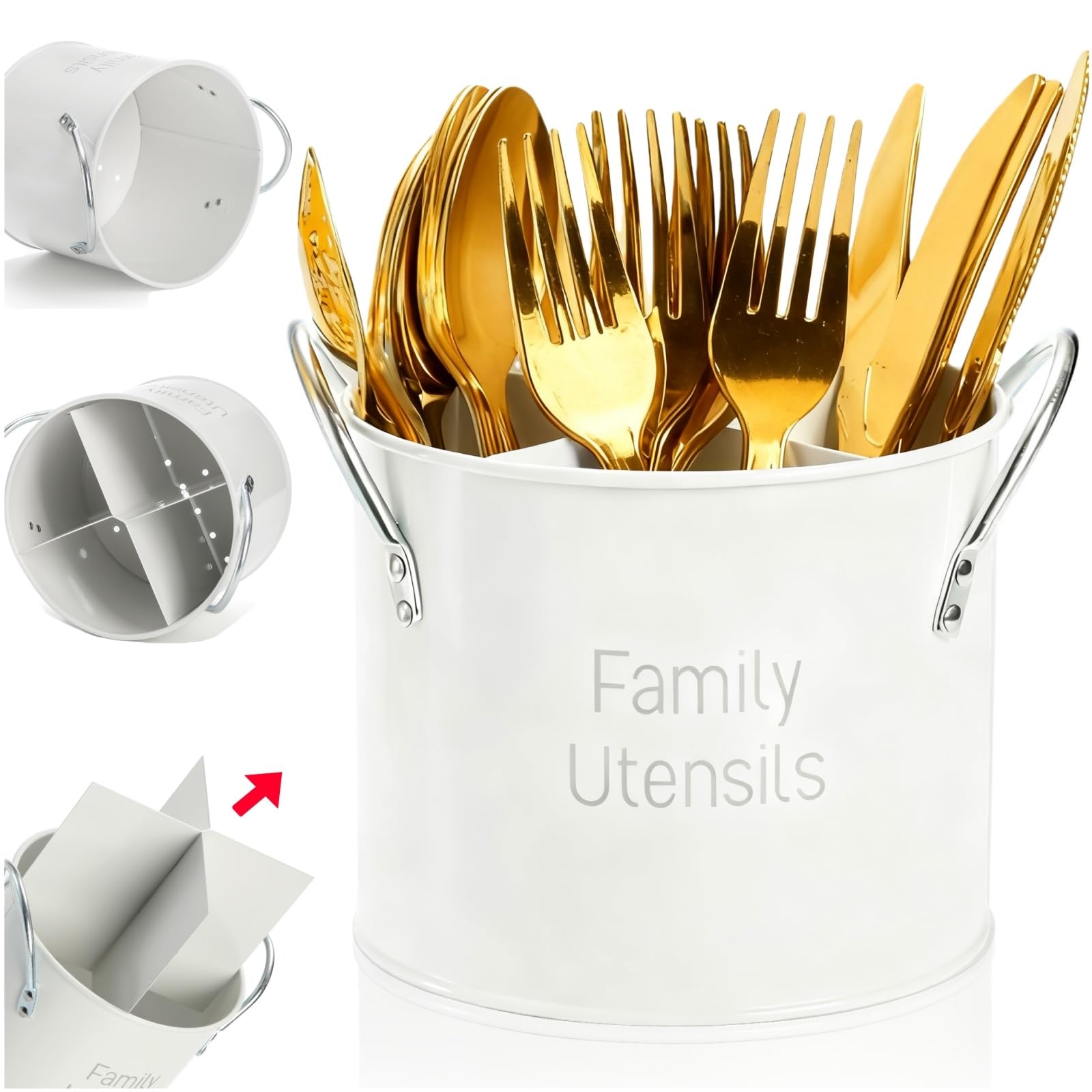 Vintage Utensil Holder, 4 Compartment Metal Silverware Caddy with Removable Divider, Rotating Spatula Crock for Countertop, White Cooking Utensil Organizer for Spoons Knives Forks