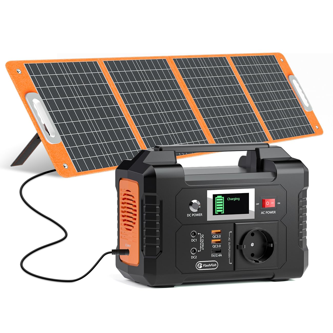 FlashFish Powerstation 100W Solarpanel 151Wh 200W Solargenerator AC 230V Notstromaggregat Akku LCD Anzeige Camping Solaranlage
